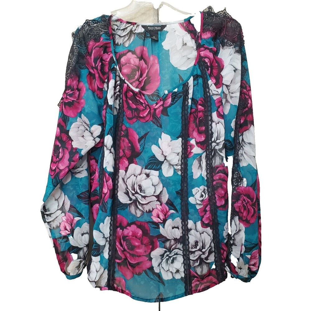 White House Black Market Semi-Sheer Floral Lace Trim Split Neck Blouse Size Med